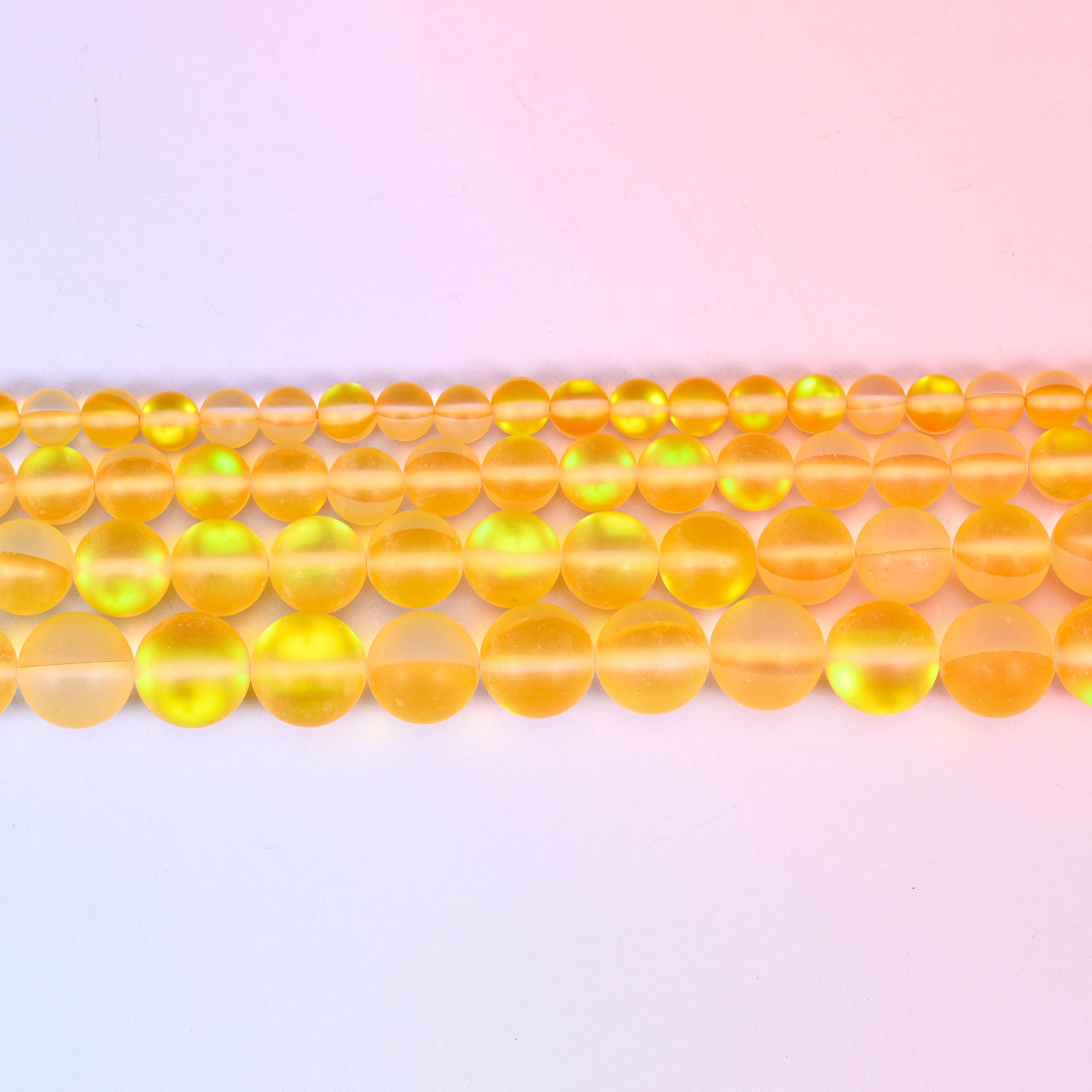 Mystic Aura Matte Yellow Round Glass Beads: Iridescent Jewelry Making Supply