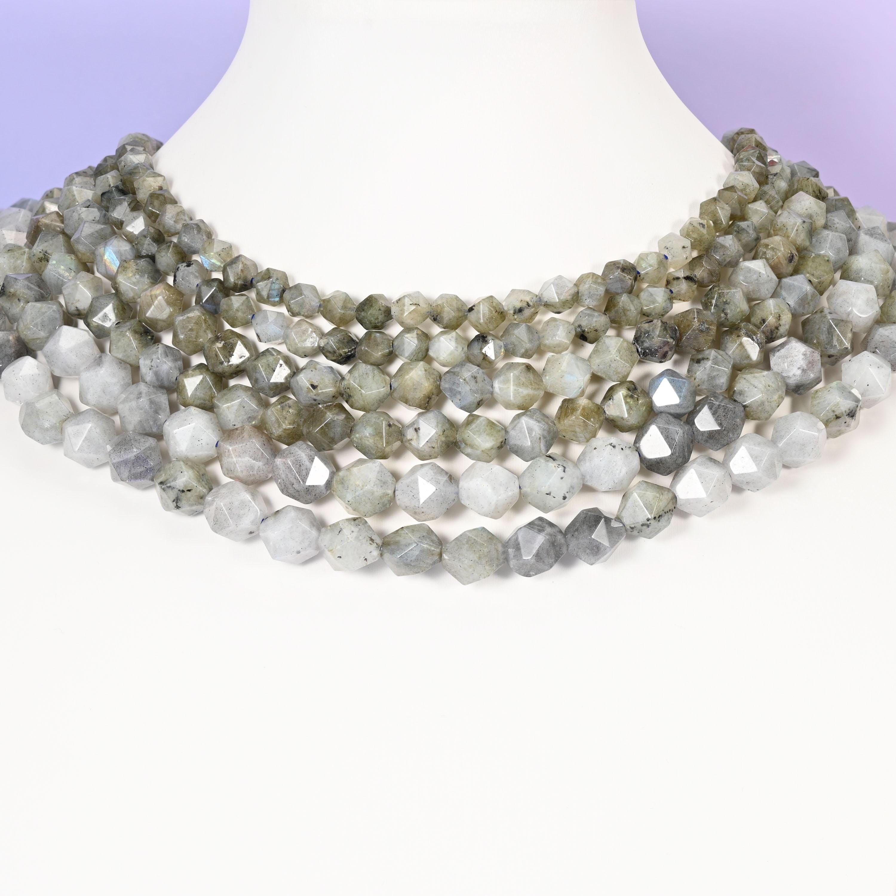 Gray Labradorite Diamond Star Cut Beads: 6mm-10mm Gemstone Strand