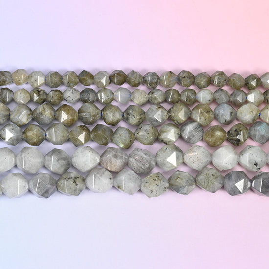 Gray Labradorite Diamond Star Cut Beads: 6mm-10mm Gemstone Strand