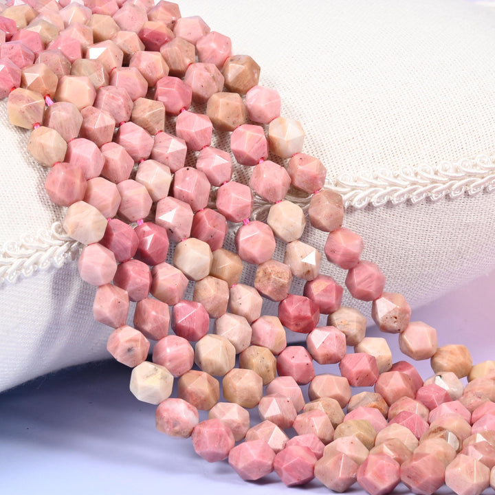 Pink Rhodonite Beads: Faceted Diamond Star Cut, 6-10mm, 15.5 inch Strand