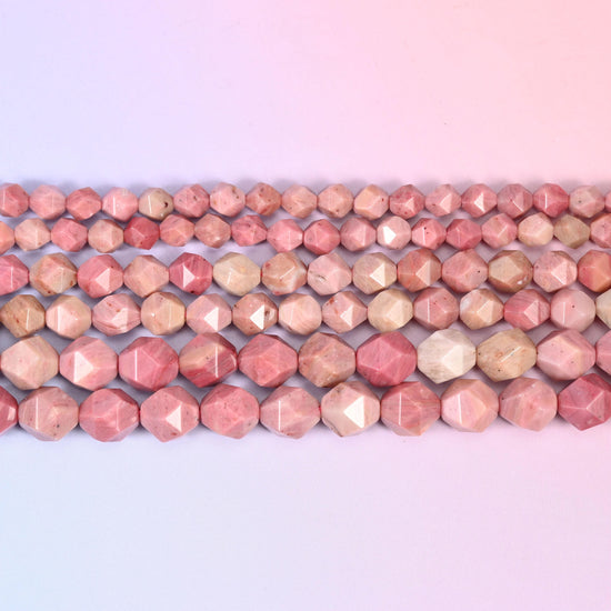 Pink Rhodonite Beads: Faceted Diamond Star Cut, 6-10mm, 15.5 inch Strand