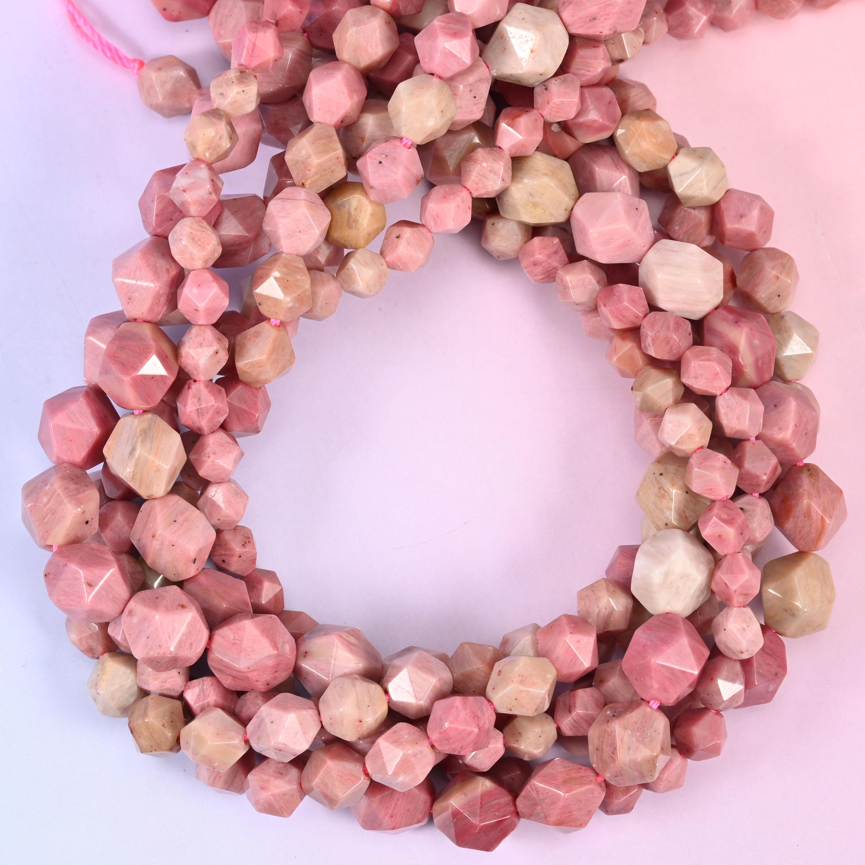 Pink Rhodonite Beads: Faceted Diamond Star Cut, 6-10mm, 15.5 inch Strand