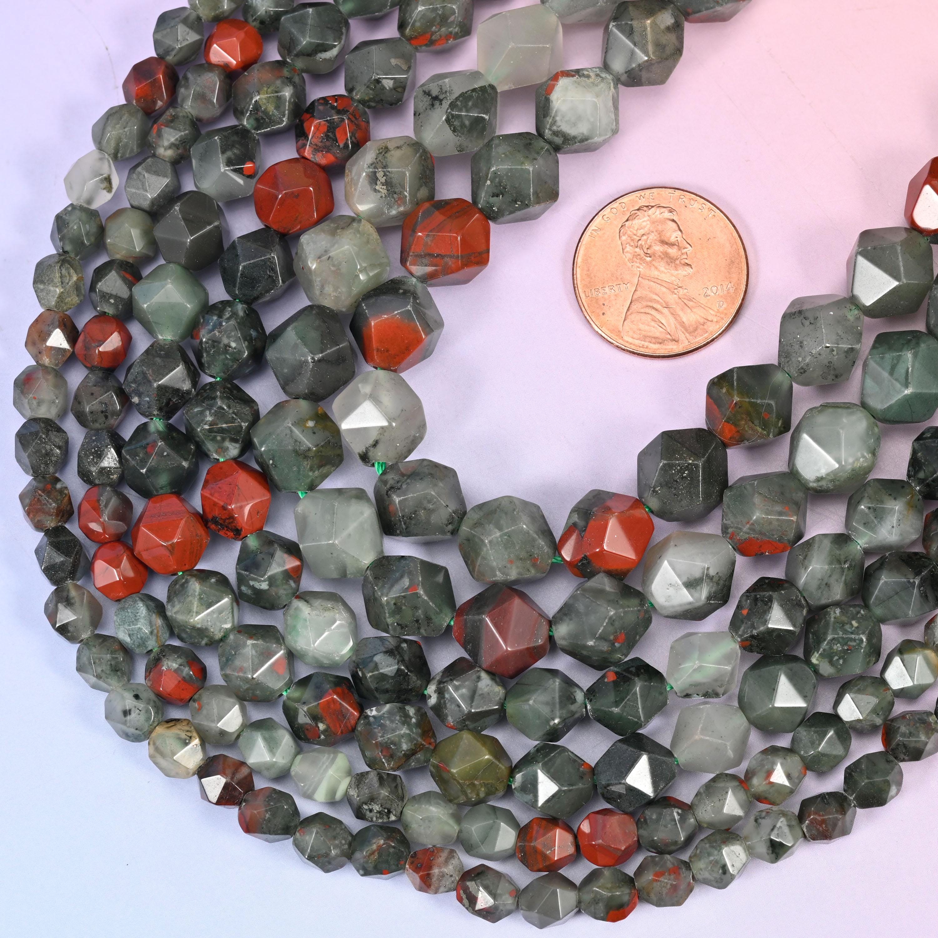 African Bloodstone Beads: Faceted Diamond Star Cut, 6-10mm, 15.5 inch Strand