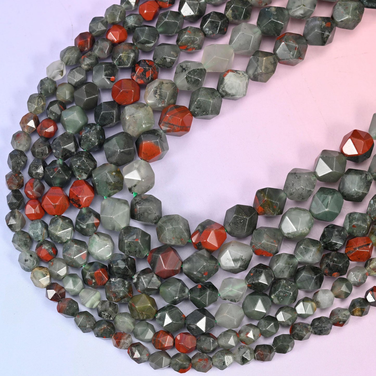 African Bloodstone Beads: Faceted Diamond Star Cut, 6-10mm, 15.5 inch Strand