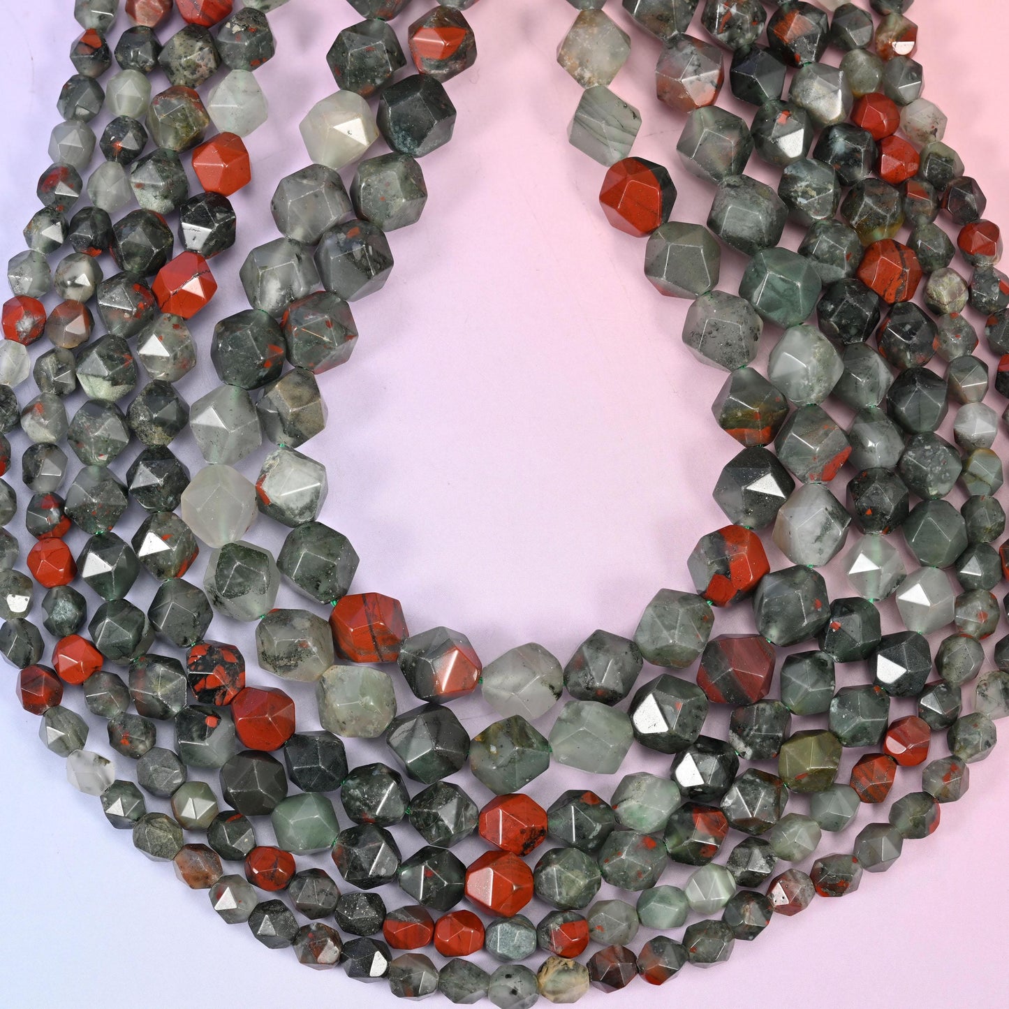African Bloodstone Beads: Faceted Diamond Star Cut, 6-10mm, 15.5 inch Strand