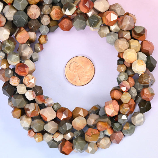 American Picture Jasper Beads: Faceted Diamond Star Cut, 6-10mm, 15.5 inch Strand