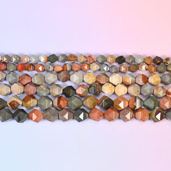American Picture Jasper Beads: Faceted Diamond Star Cut, 6-10mm, 15.5 inch Strand
