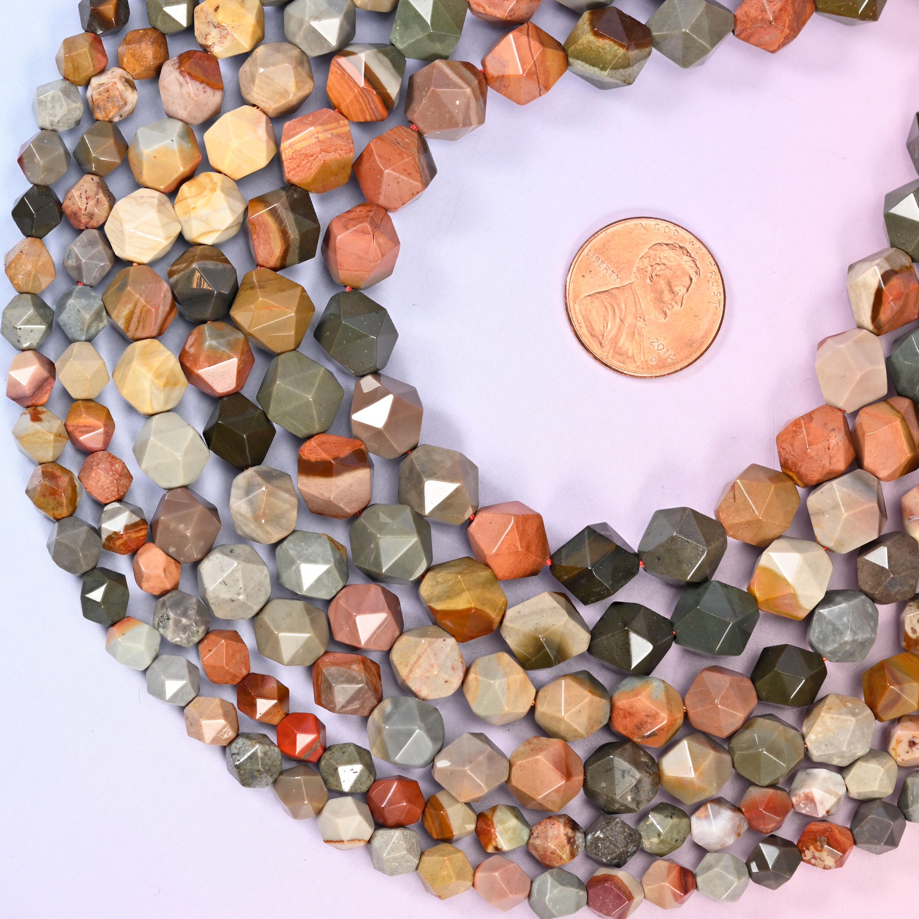 American Picture Jasper Beads: Faceted Diamond Star Cut, 6-10mm, 15.5 inch Strand