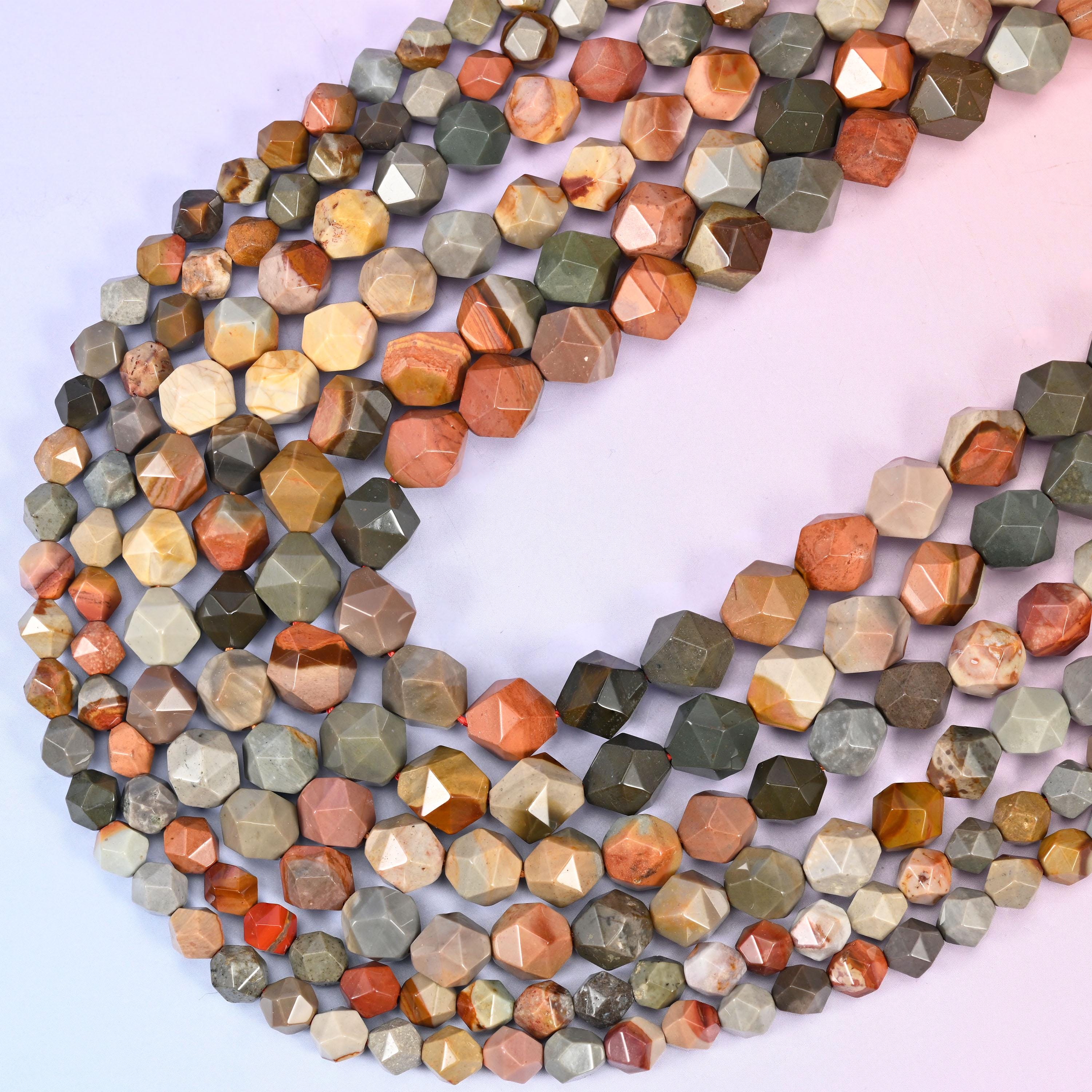 American Picture Jasper Beads: Faceted Diamond Star Cut, 6-10mm, 15.5 inch Strand