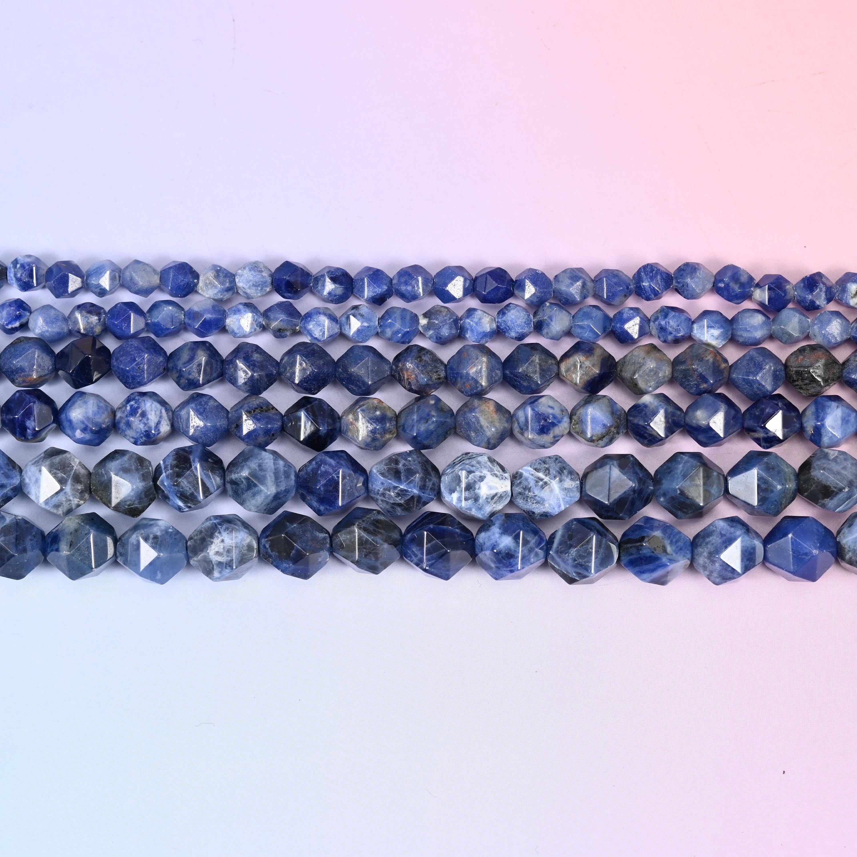 Blue Sodalite Beads: Faceted Diamond Star Cut, 6-10mm, 15.5 inch Strand