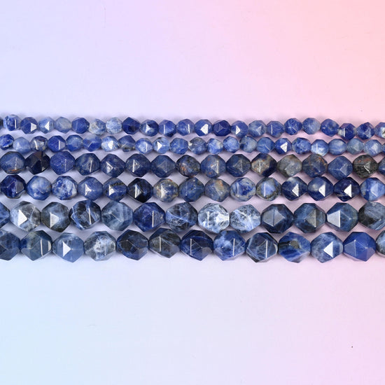 Blue Sodalite Beads: Faceted Diamond Star Cut, 6-10mm, 15.5 inch Strand