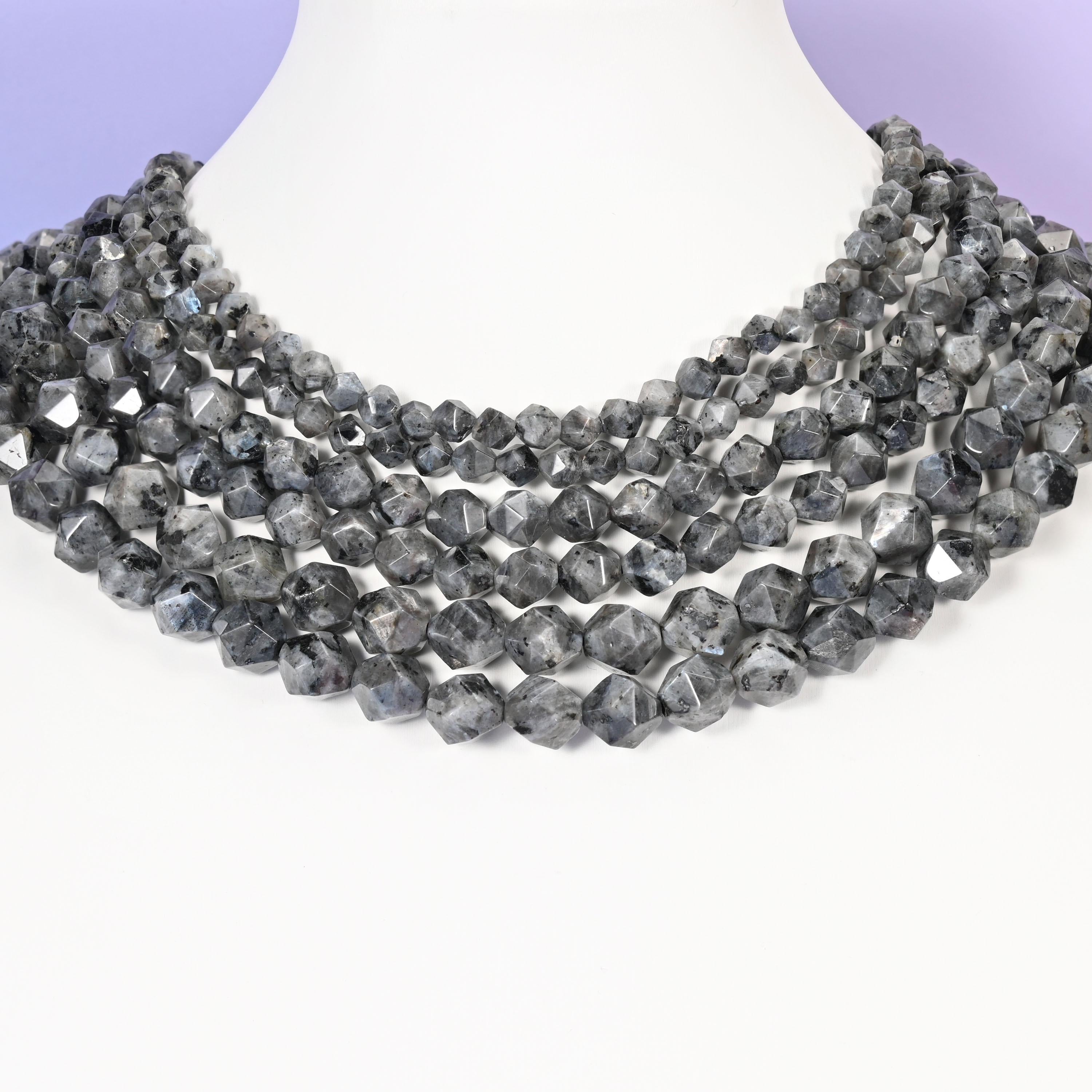 Black Labradorite Beads: Faceted Diamond Star Cut, 6-10mm, 15.5 inch Strand