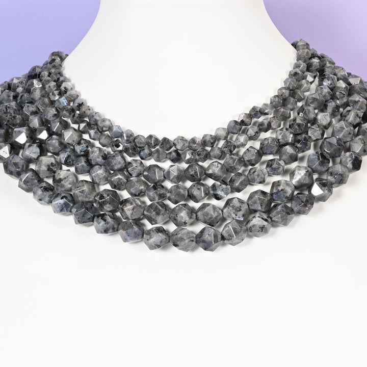Black Labradorite Beads: Faceted Diamond Star Cut, 6-10mm, 15.5 inch Strand