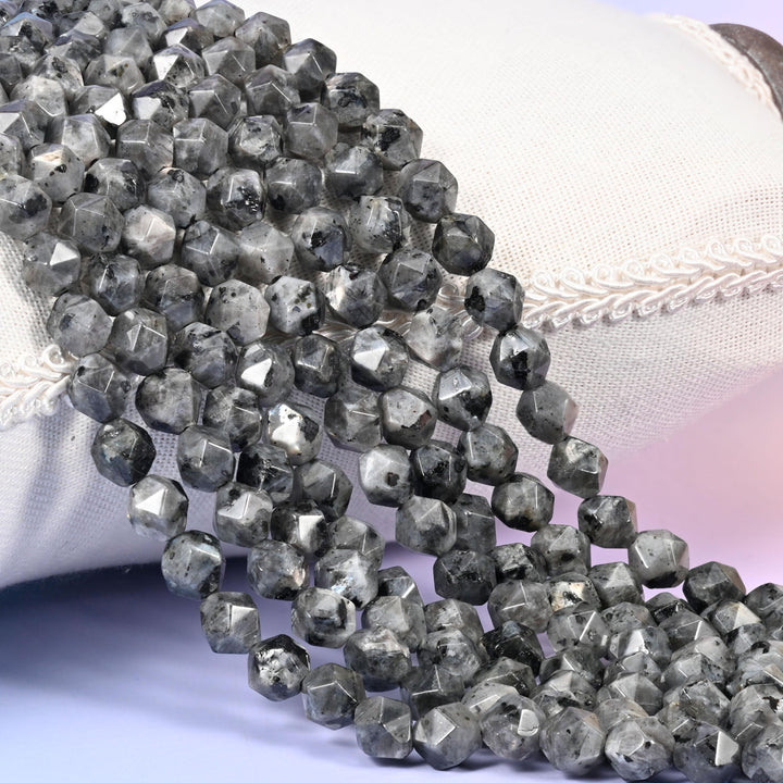 Black Labradorite Beads: Faceted Diamond Star Cut, 6-10mm, 15.5 inch Strand