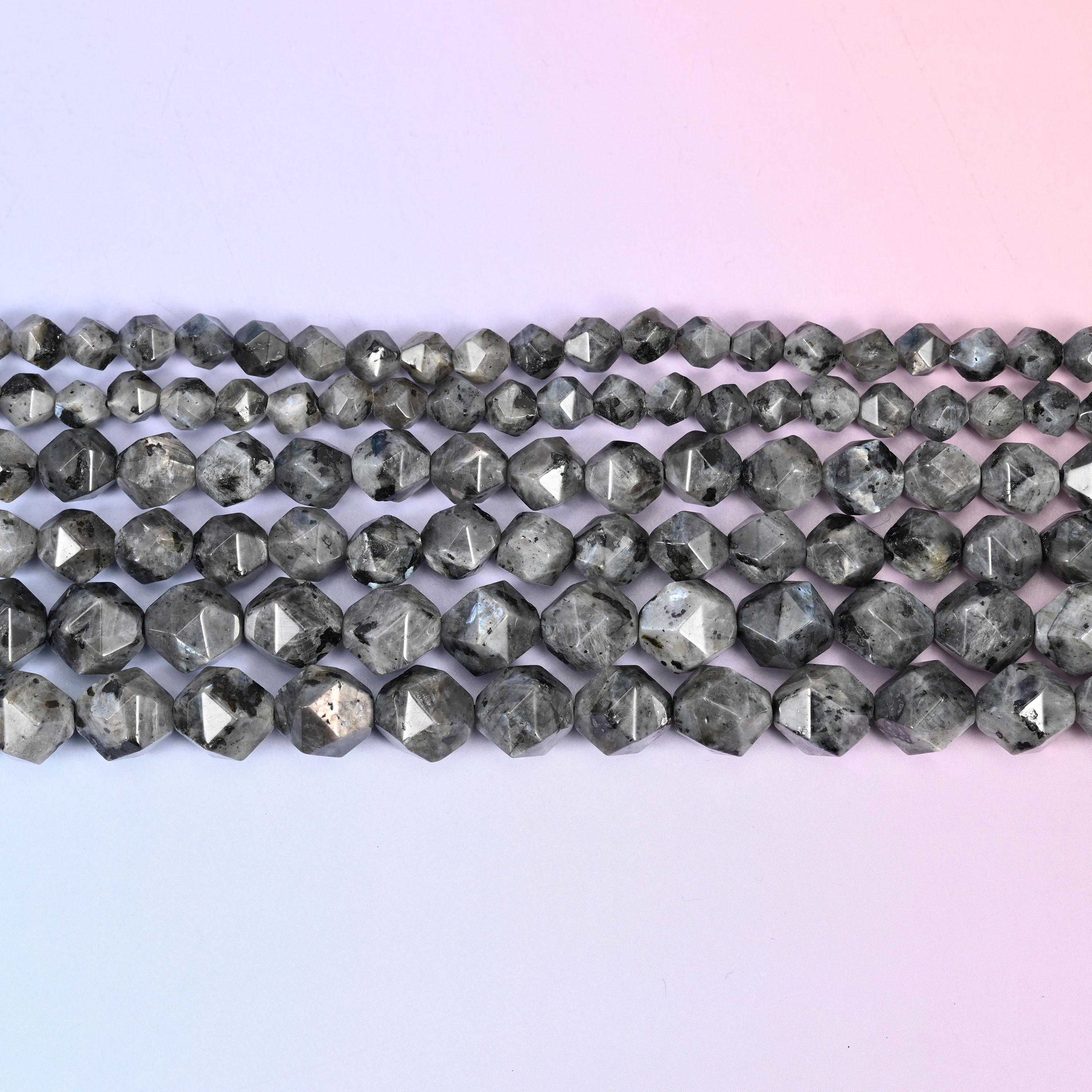 Black Labradorite Beads: Faceted Diamond Star Cut, 6-10mm, 15.5 inch Strand