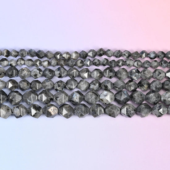 Black Labradorite Beads: Faceted Diamond Star Cut, 6-10mm, 15.5 inch Strand