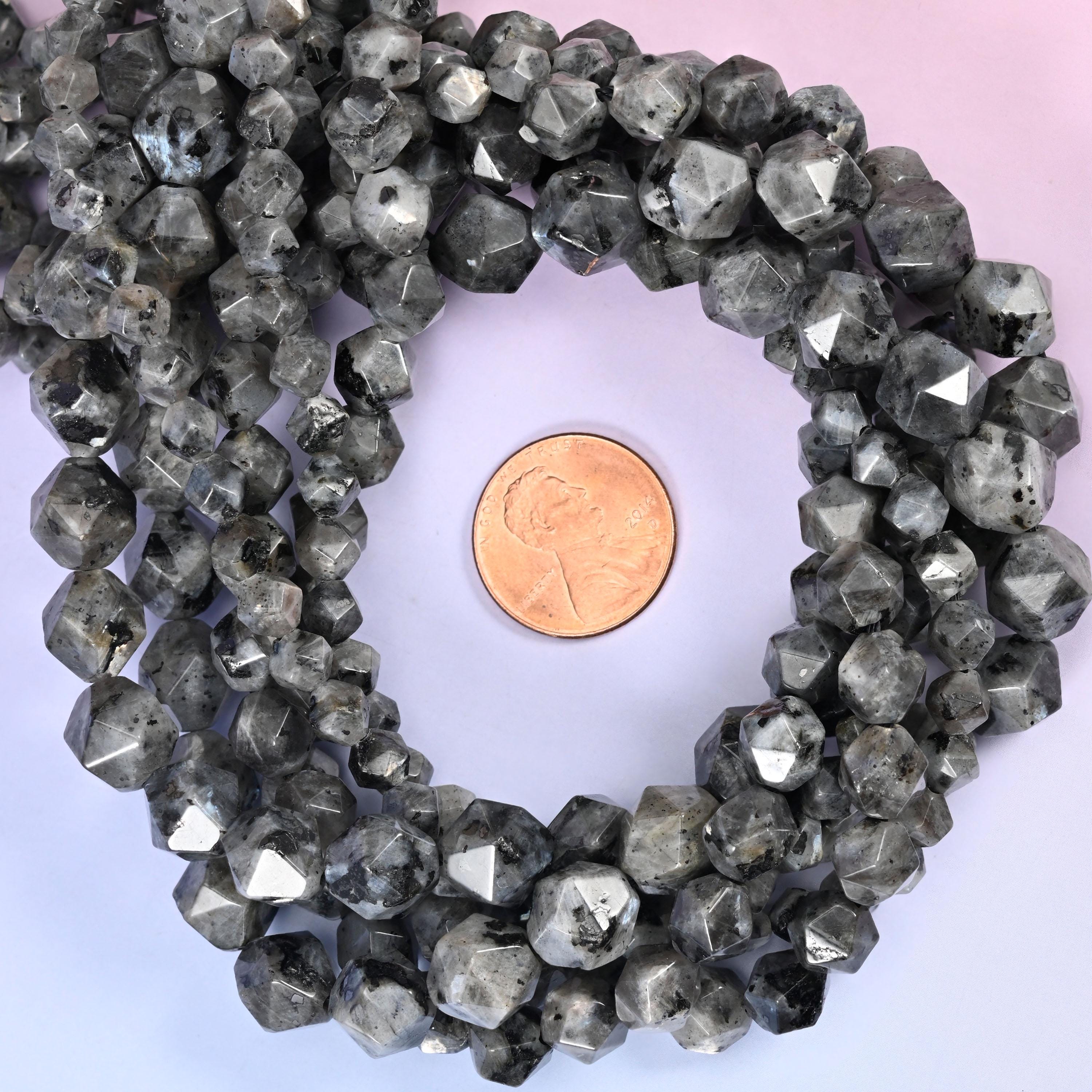 Black Labradorite Beads: Faceted Diamond Star Cut, 6-10mm, 15.5 inch Strand
