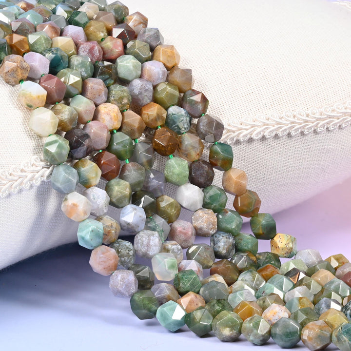 Indian Agate Beads: Faceted Diamond Star Cut, 6-10mm, 15.5 inch Strand