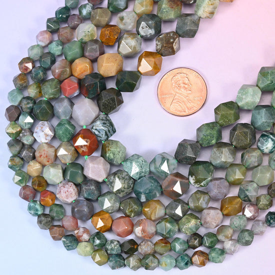 Indian Agate Beads: Faceted Diamond Star Cut, 6-10mm, 15.5 inch Strand