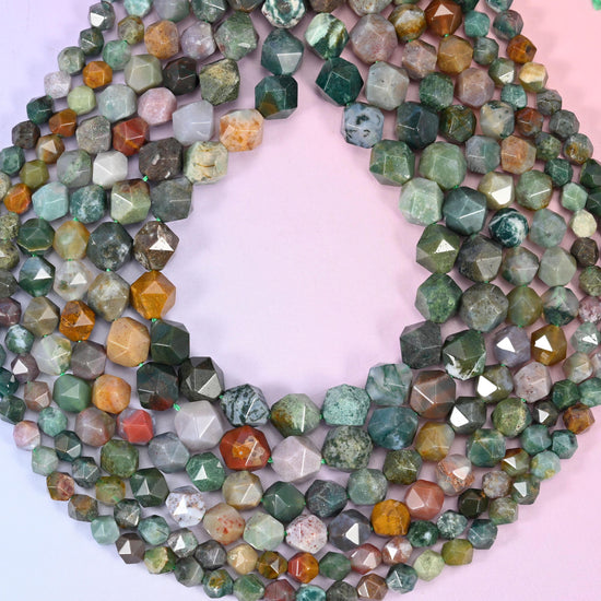 Indian Agate Beads: Faceted Diamond Star Cut, 6-10mm, 15.5 inch Strand