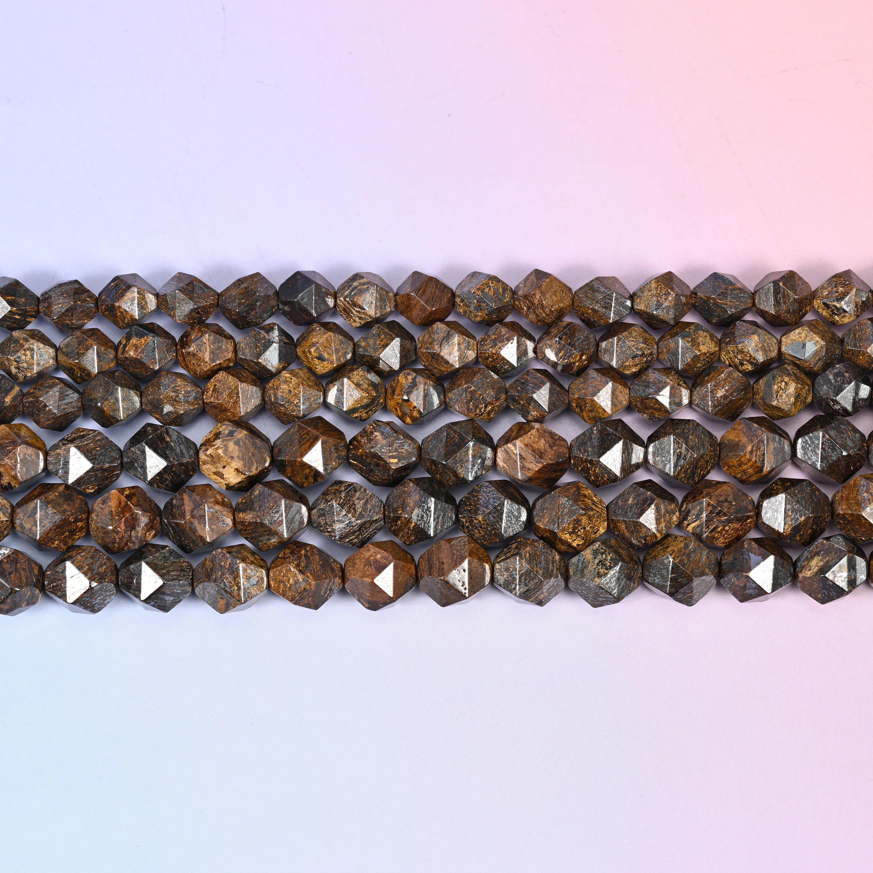 Bronzite Beads: Faceted Diamond Star Cut, 6-10mm, 15.5 inch Strand