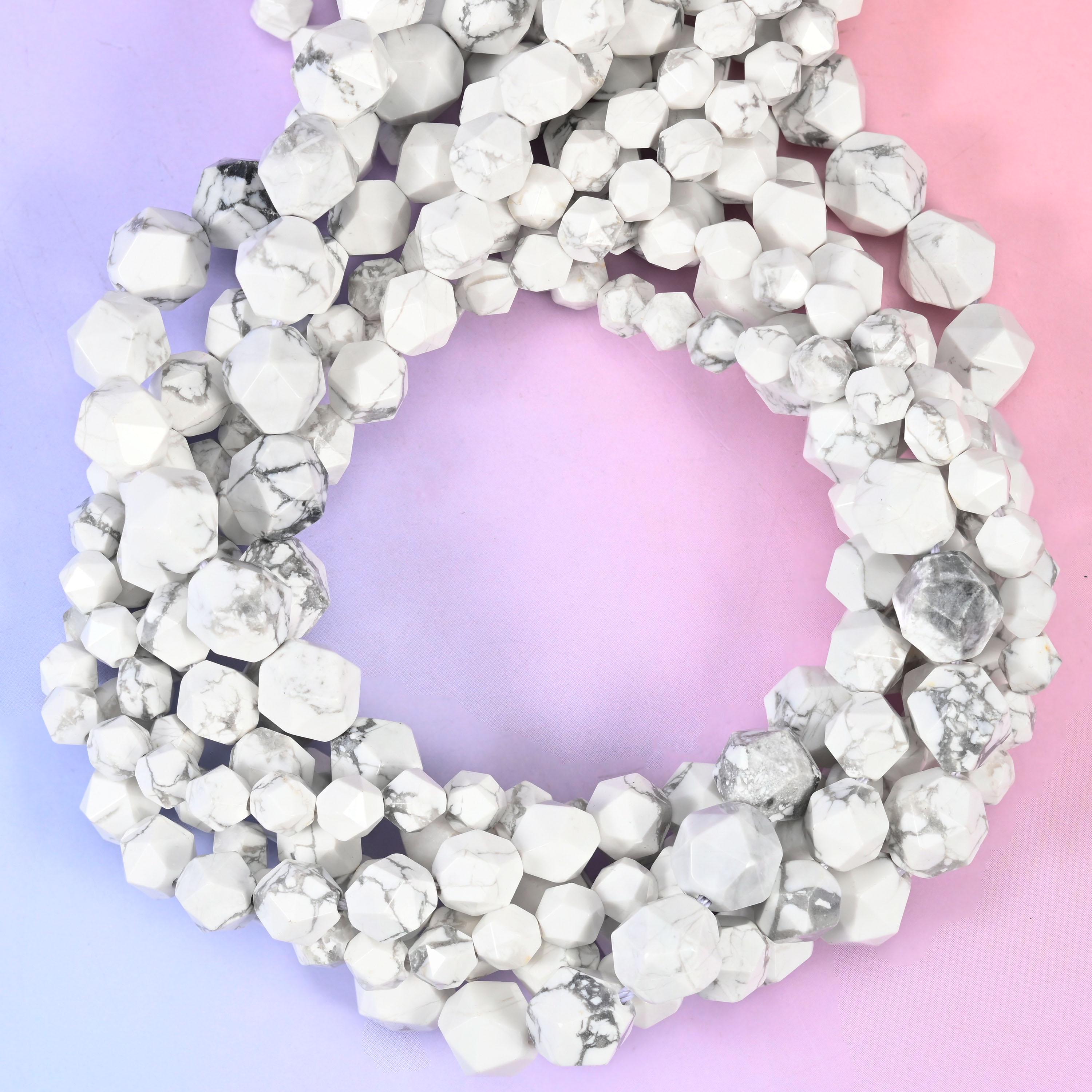 White Howlite Beads: Faceted Diamond Star Cut, 6-10mm, 15.5 inch Strand