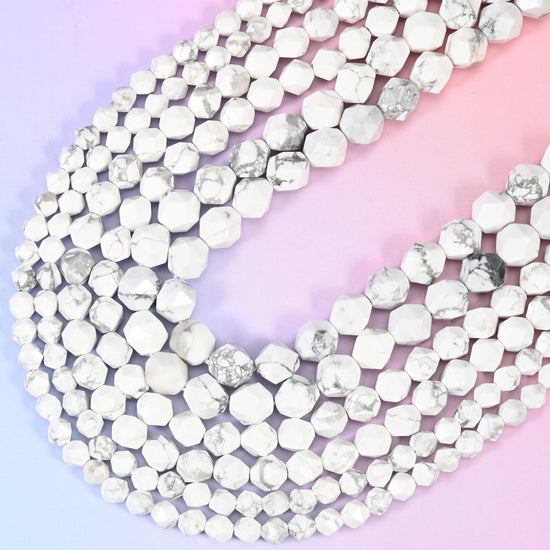 White Howlite Beads: Faceted Diamond Star Cut, 6-10mm, 15.5 inch Strand