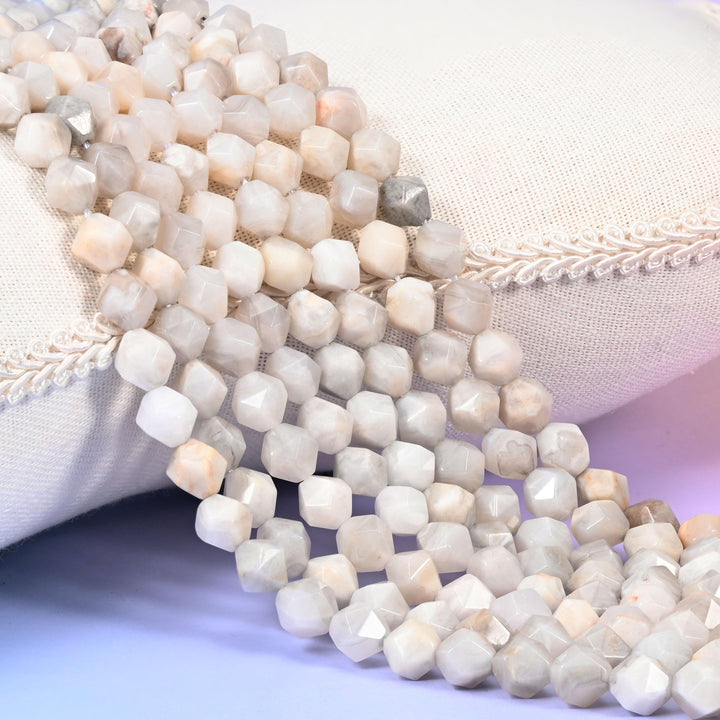 White Crazy Agate Beads: Faceted Diamond Star Cut, 6-10mm, 15.5 inch Strand
