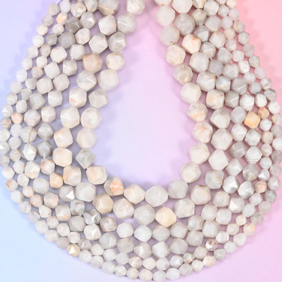 White Crazy Agate Beads: Faceted Diamond Star Cut, 6-10mm, 15.5 inch Strand