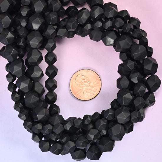 Matte Black Onyx Beads: Faceted Diamond Star Cut, 6-10mm, 15.5 inch Strand