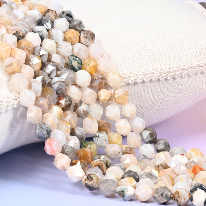 Bamboo Agate Beads: Faceted Diamond Star Cut, 6-10mm, 15.5 inch Strand