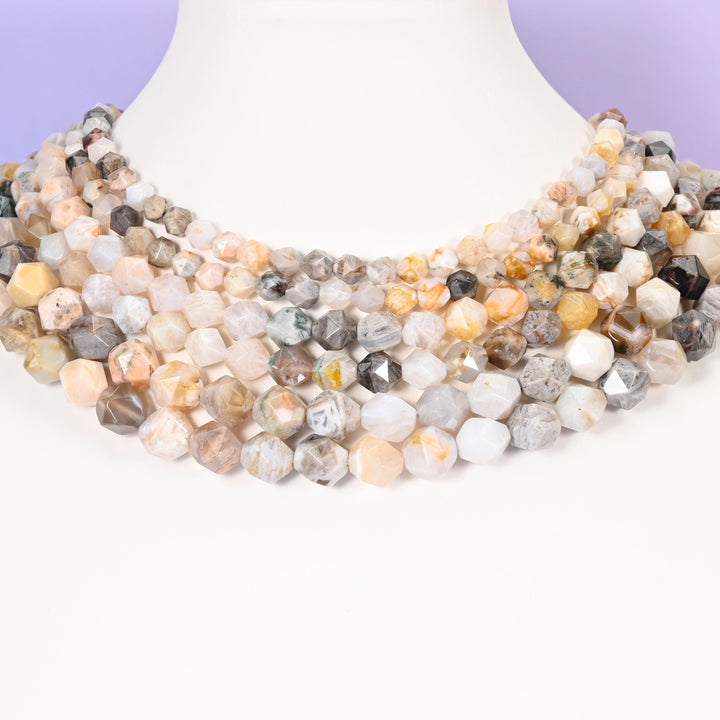 Bamboo Agate Beads: Faceted Diamond Star Cut, 6-10mm, 15.5 inch Strand