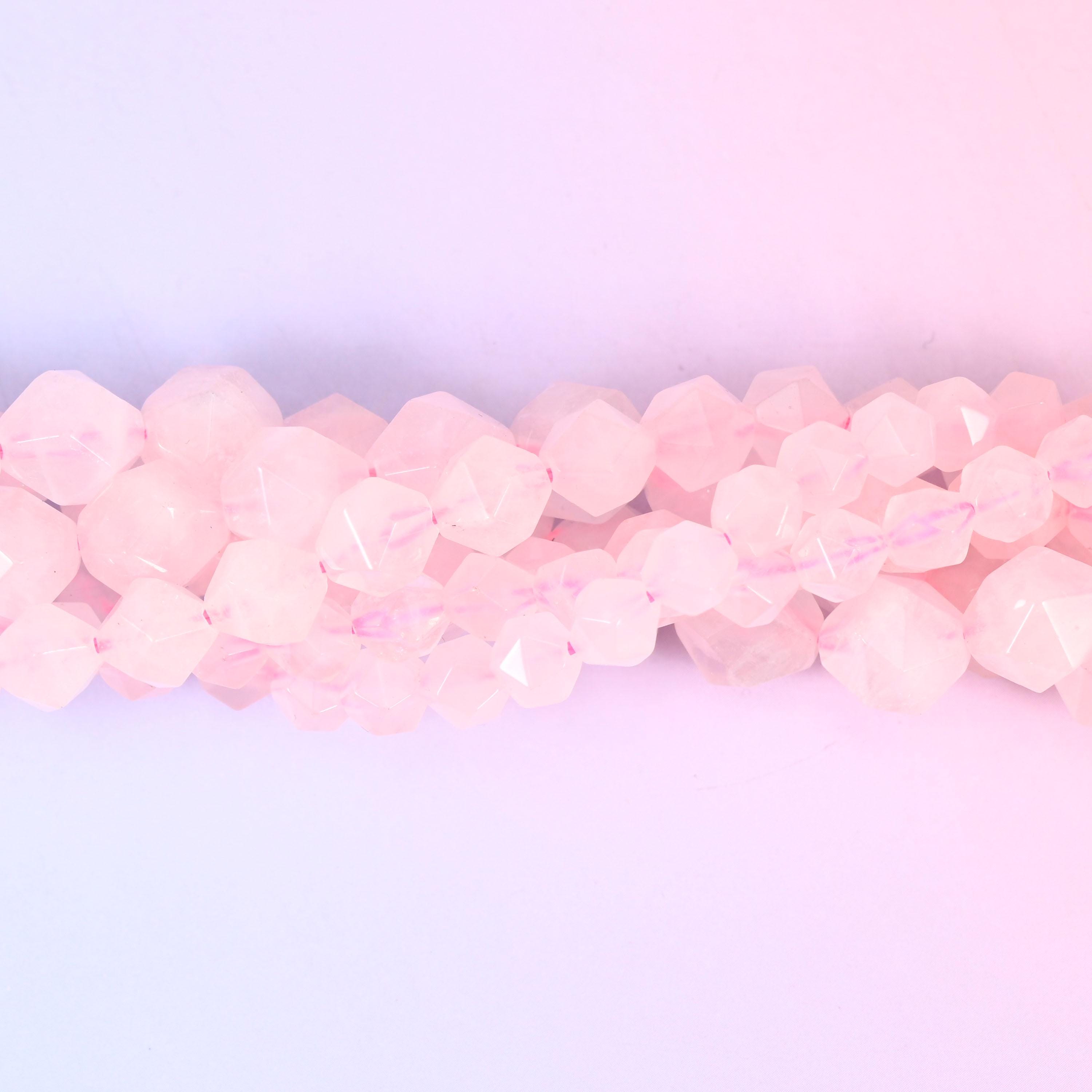Rose Quartz Beads: Faceted Diamond Star Cut, 6-10mm, 15.5 inch Strand
