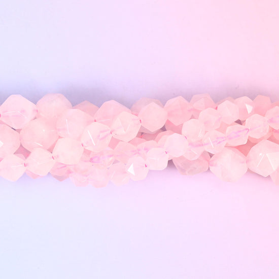 Rose Quartz Beads: Faceted Diamond Star Cut, 6-10mm, 15.5 inch Strand