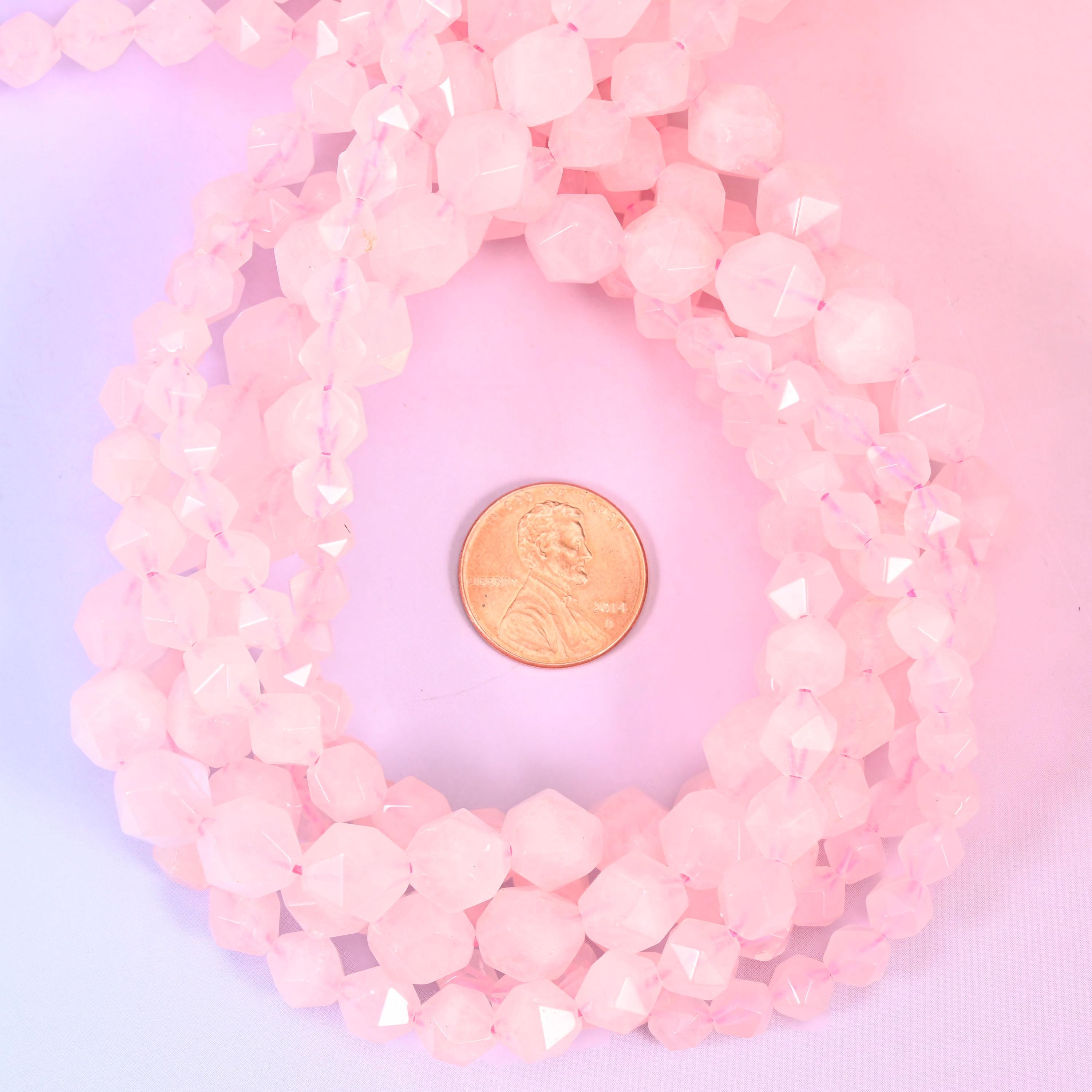 Rose Quartz Beads: Faceted Diamond Star Cut, 6-10mm, 15.5 inch Strand