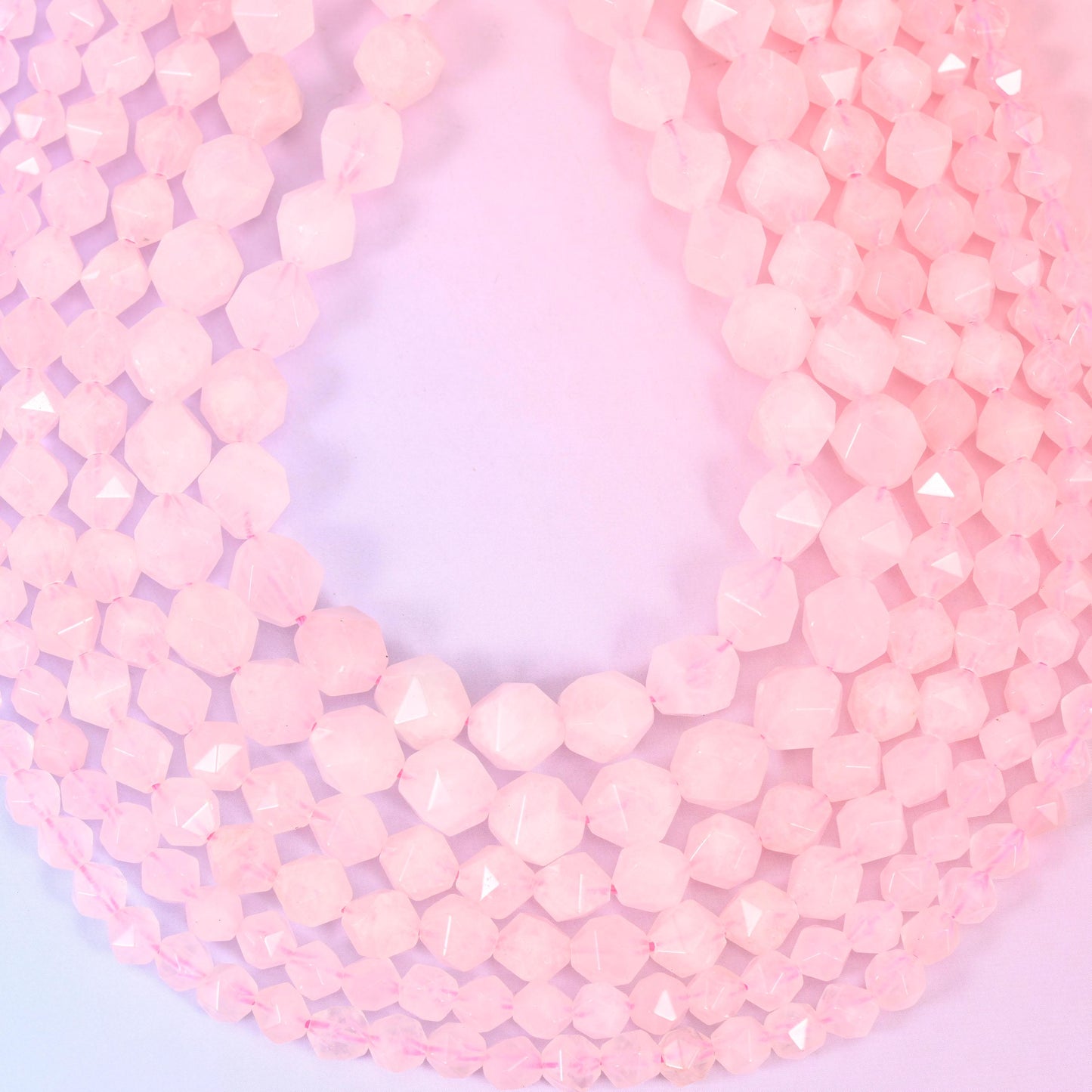 Rose Quartz Beads: Faceted Diamond Star Cut, 6-10mm, 15.5 inch Strand
