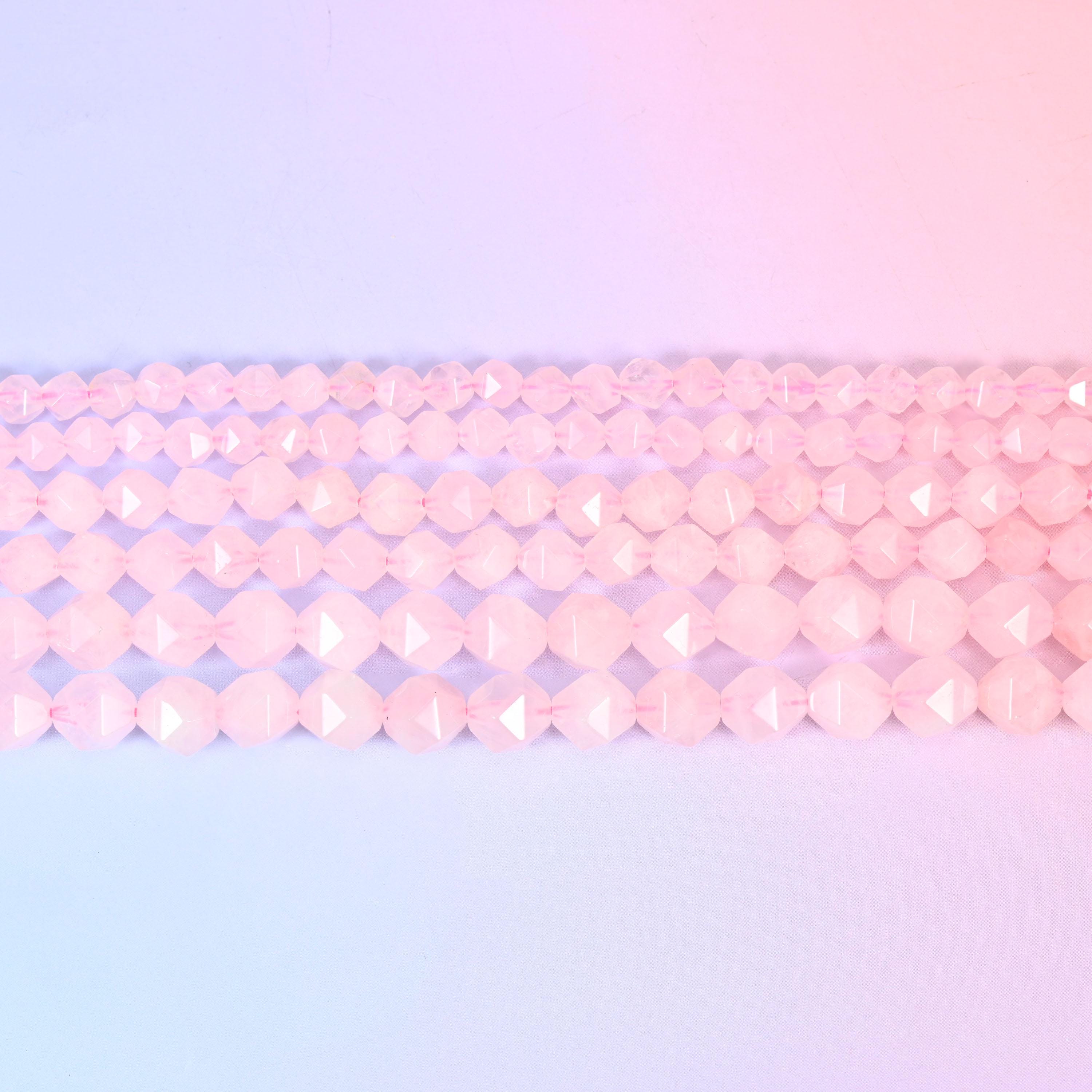 Rose Quartz Beads: Faceted Diamond Star Cut, 6-10mm, 15.5 inch Strand