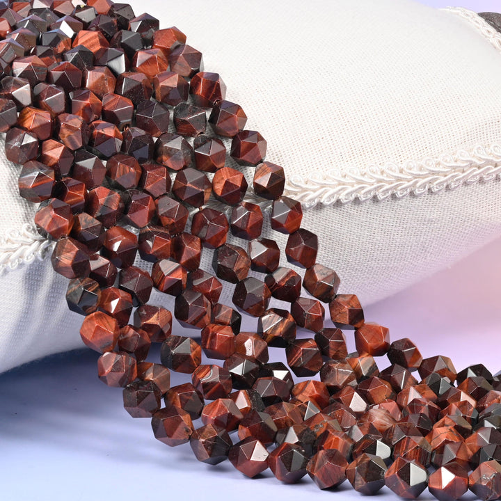 Red Tiger Eye Beads: Faceted Diamond Star Cut, 6-10mm, 15.5 inch Strand