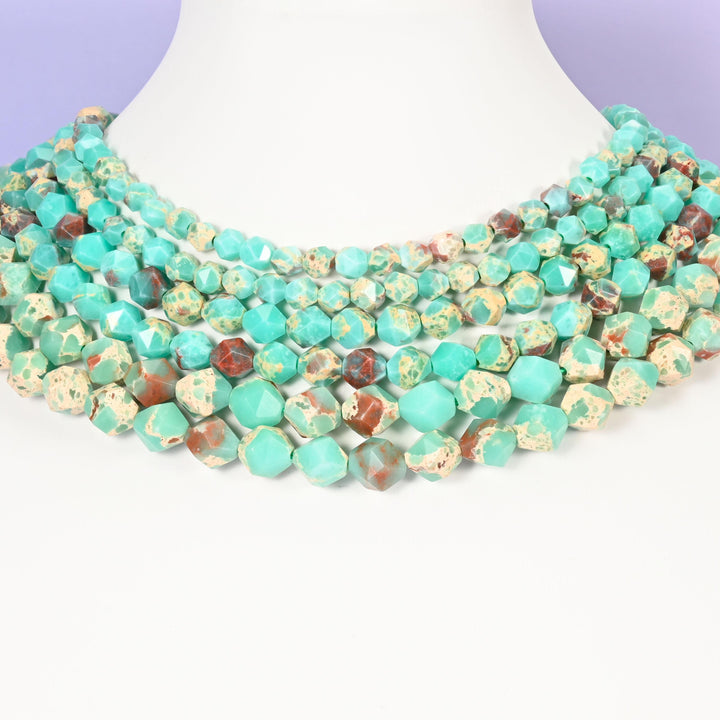 Green Shoushan Stone Beads: Faceted Diamond Star Cut, 6-10mm, 15.5 inch Strand