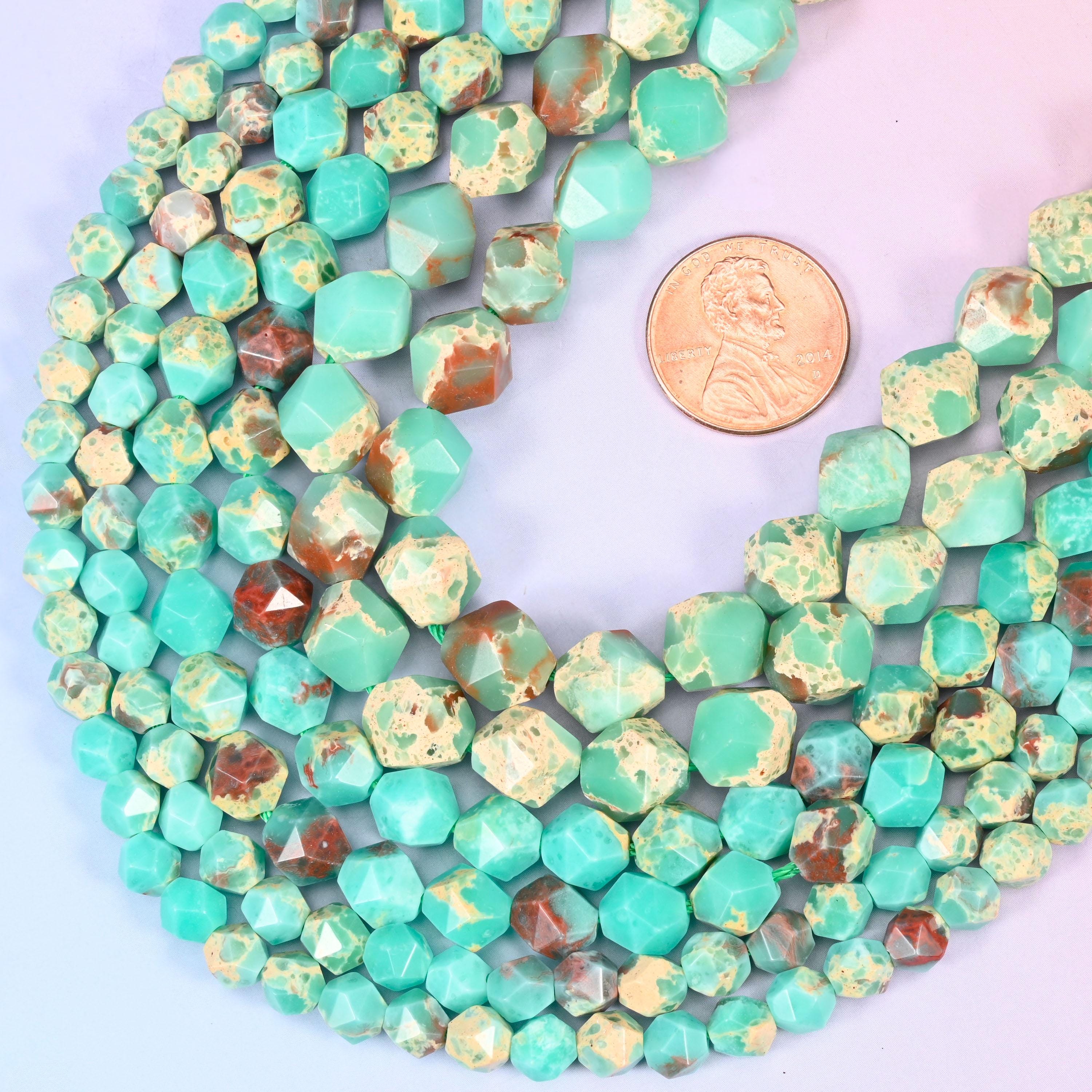 Green Shoushan Stone Beads: Faceted Diamond Star Cut, 6-10mm, 15.5 inch Strand