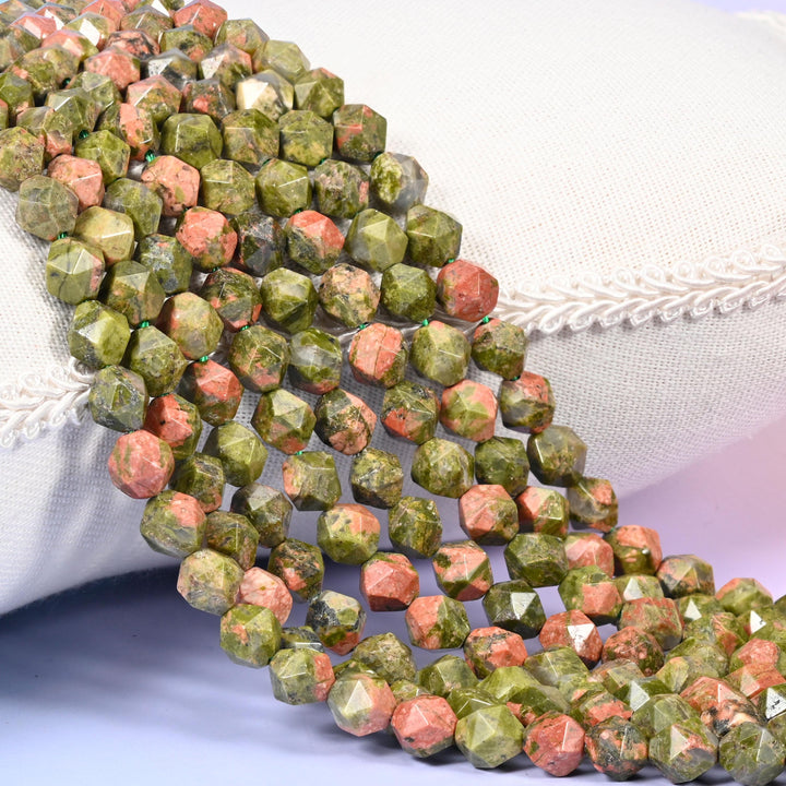 Unakite Beads: Faceted Diamond Star Cut, 6-10mm, 15.5 inch Strand