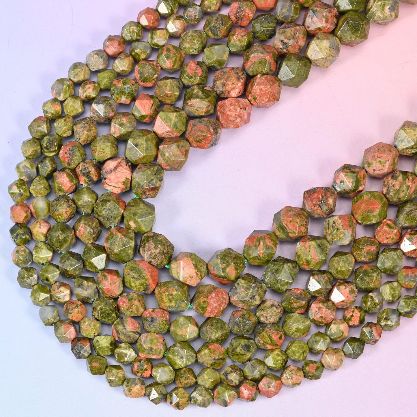 Unakite Beads: Faceted Diamond Star Cut, 6-10mm, 15.5 inch Strand