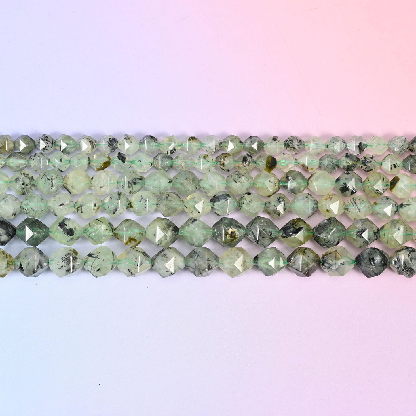 Green Prehnite Beads: Faceted Diamond Star Cut, 6-10mm, 15.5 inch Strand