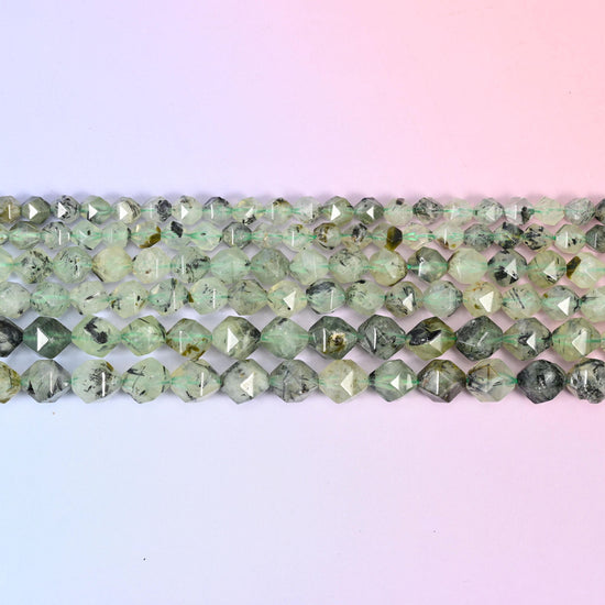 Green Prehnite Beads: Faceted Diamond Star Cut, 6-10mm, 15.5 inch Strand