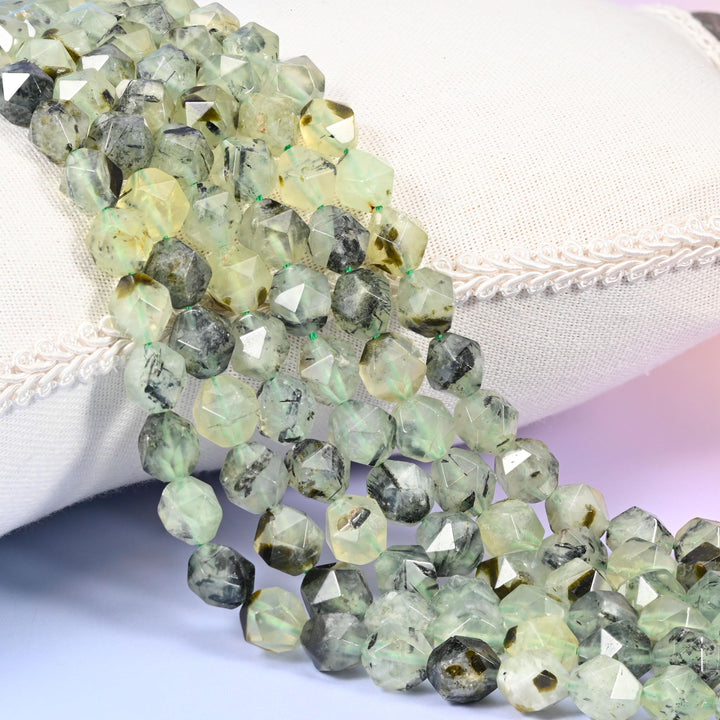 Green Prehnite Beads: Faceted Diamond Star Cut, 6-10mm, 15.5 inch Strand