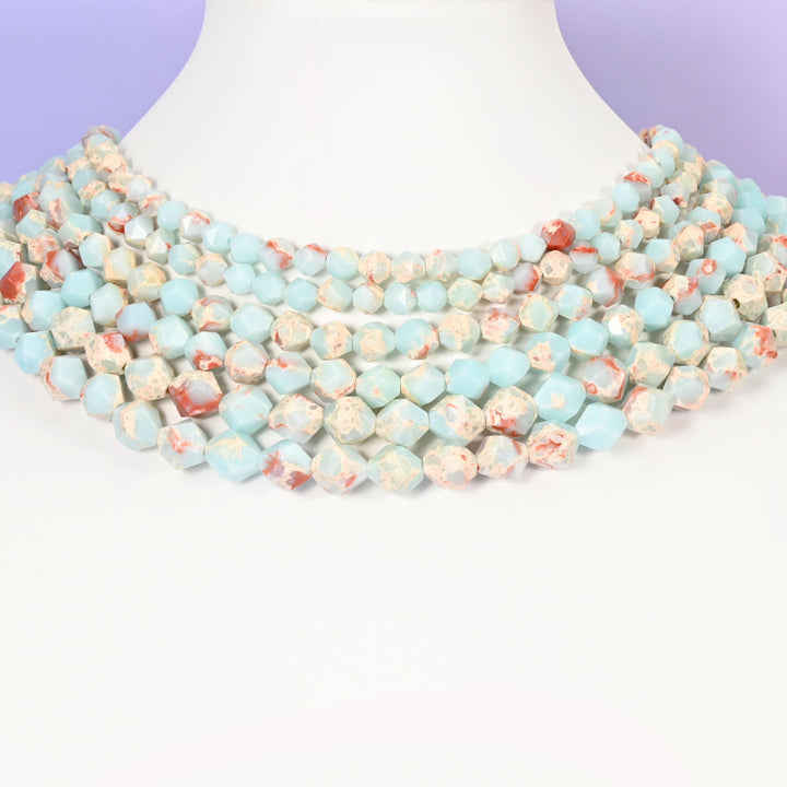 Blue Shoushan Stone Beads: Faceted Diamond Star Cut, 6-10mm, 15.5 inch Strand