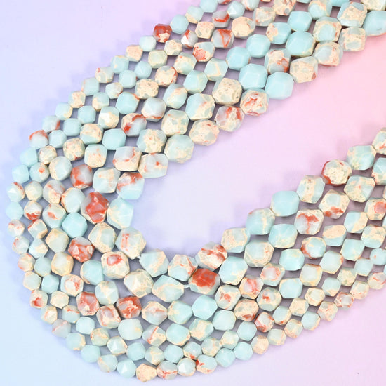 Blue Shoushan Stone Beads: Faceted Diamond Star Cut, 6-10mm, 15.5 inch Strand