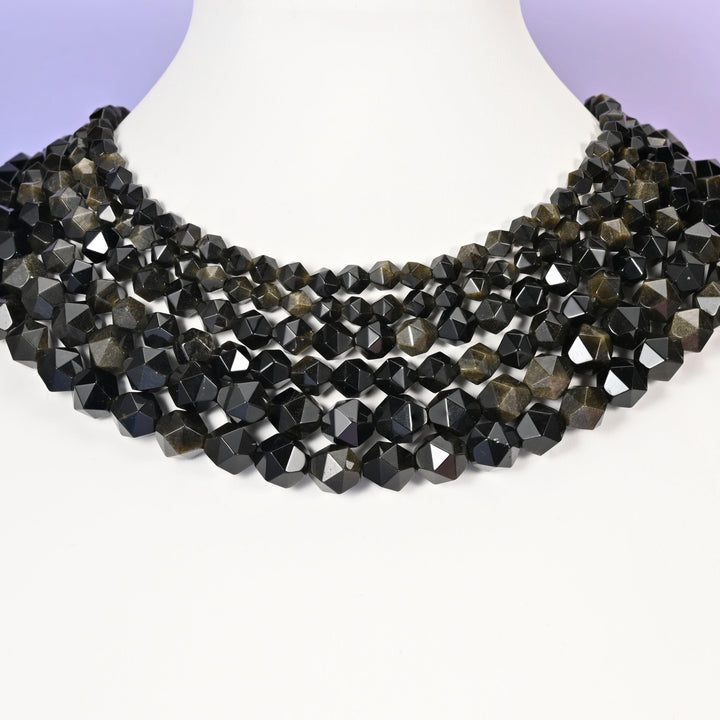 Gold Obsidian Beads: Faceted Diamond Star Cut, 6-10mm, 15.5 inch Strand