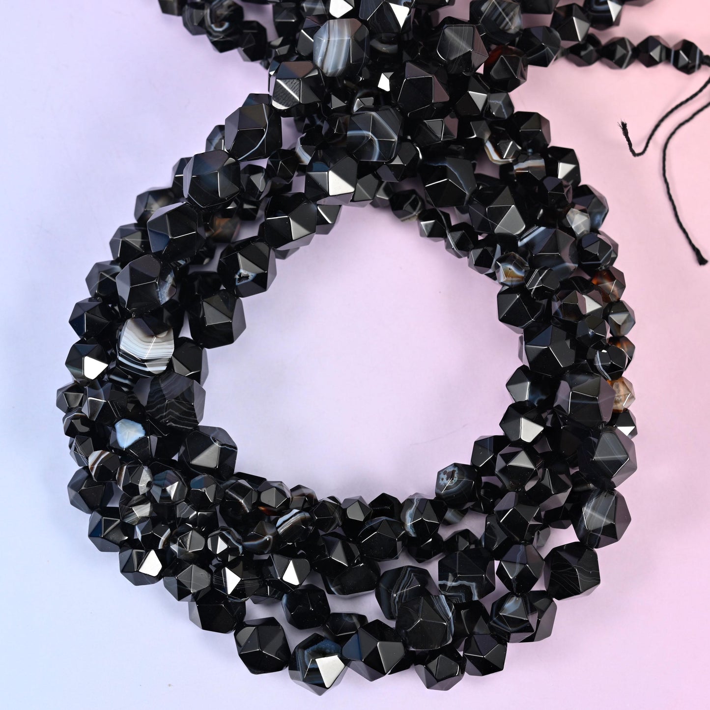 Black Strip Agate Beads: Faceted Diamond Star Cut, 6-10mm, 15.5 inch Strand