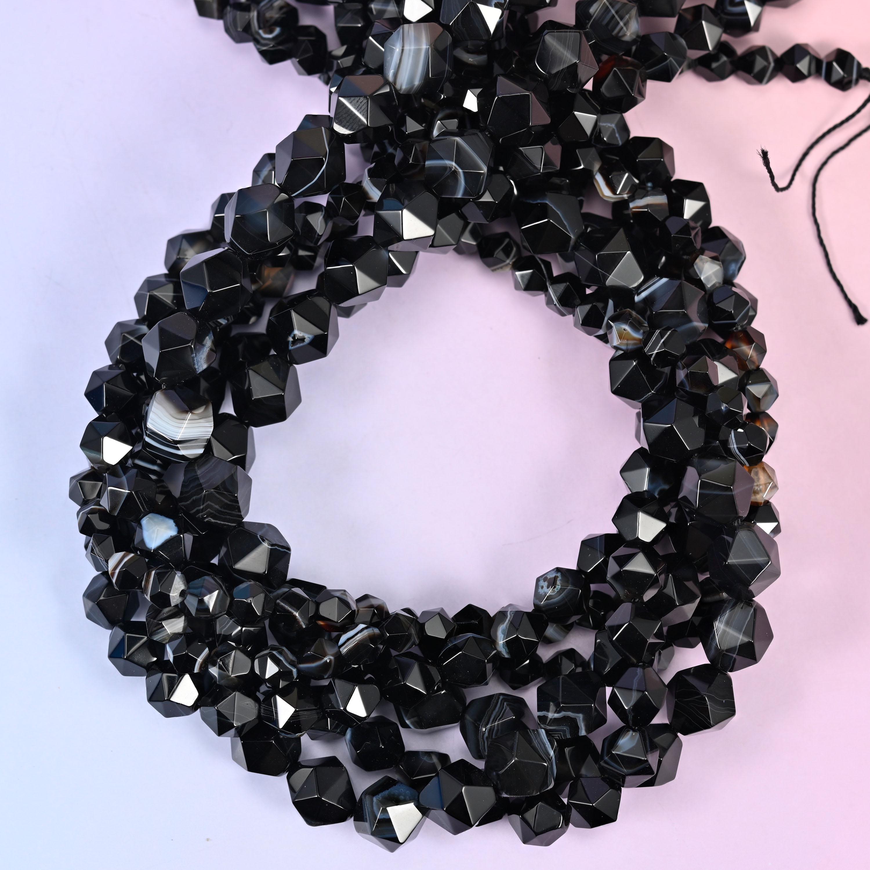 Black Strip Agate Beads: Faceted Diamond Star Cut, 6-10mm, 15.5 inch Strand